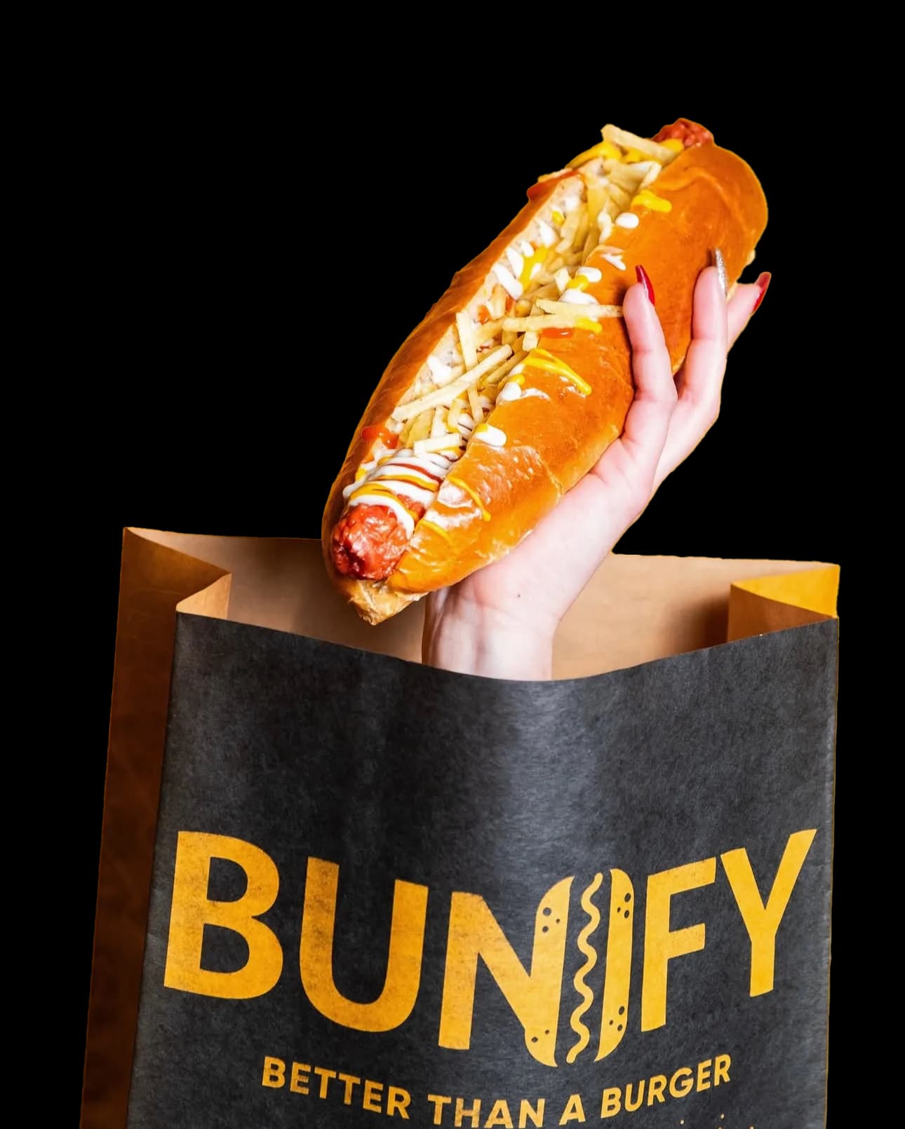 Bunify loaded brioche bun in branded packaging